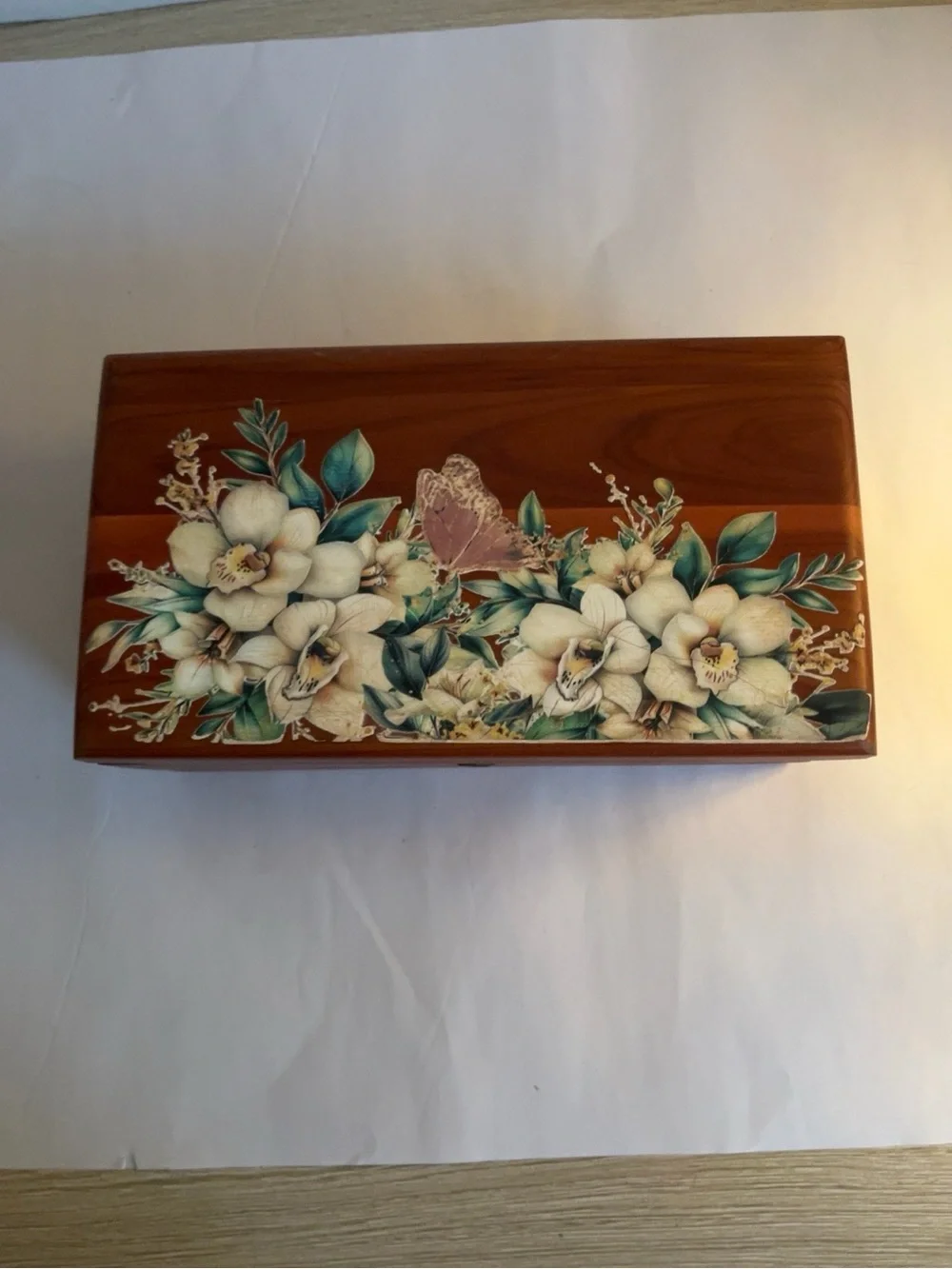 Decorative Wooden Jewelry Box with Floral Inlay - Brown
